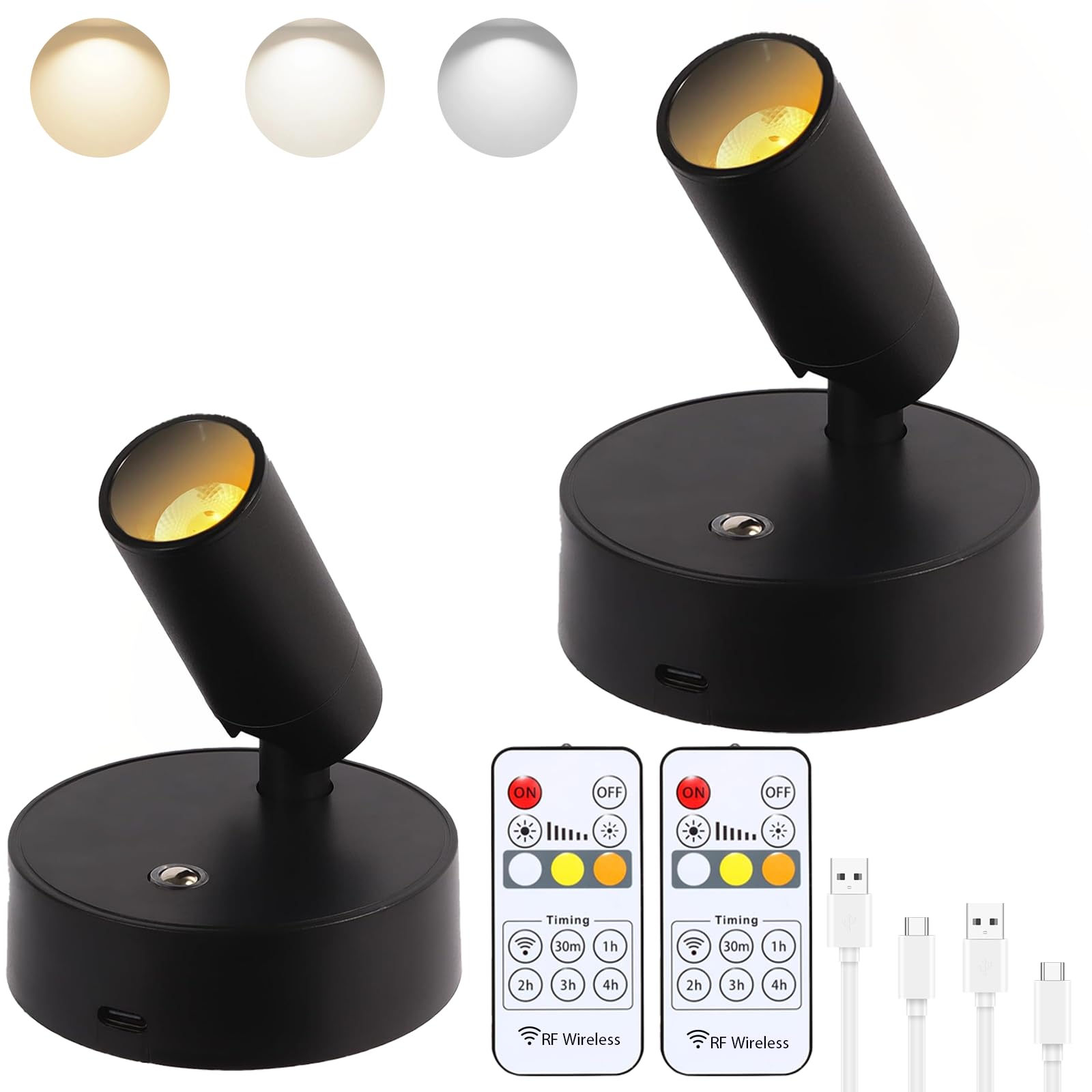 Foco LED Inalámbrico, Recargable Iluminación de Suelo Interior, luz de Imagen con Batería con Temporizador Remoto y Acento Regulable, luz de Pared para Plantas Imágenes, Obras de Arte,2 Paquetes