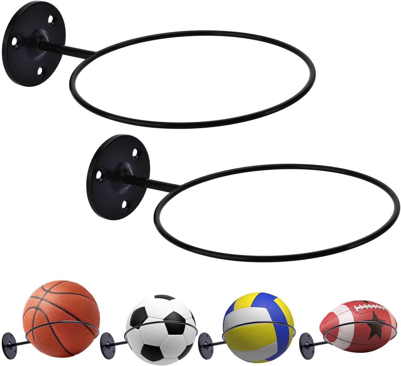 Basketball Holder Wall Mount, 7 inch Diameter Metal Ball Holder, Ball Storage for Basketball, Football, Volleyball, Soccer, Ball Rack Display for Sports Accessories Organizer (Roll, 2 Pack)
