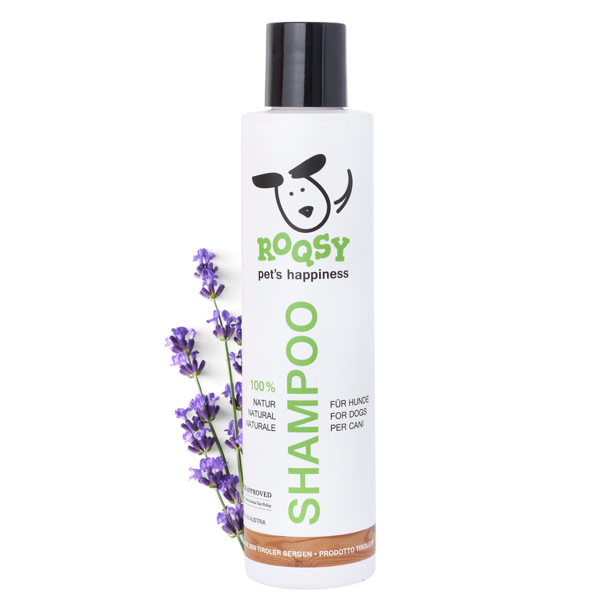 ROQSY Natur-Hundeshampoo 200 ml – vegan, mit Bio-Zutaten, pH 7, für Sensible Hunde, Welpen und weißes Fell, ohne Silikone und Parabene, Made in Tirol, PETA-Zertifiziert