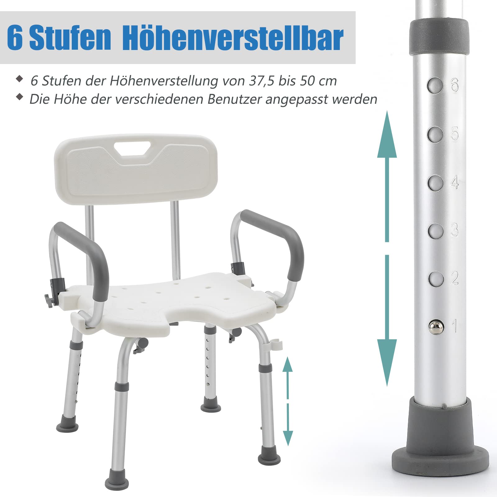 XMTECH Krzesło prysznicowe z regulacją wysokości, 6 stopni, 37,5 – 50 cm, taboret łazienkowy dla seniorów, z oparciem, podłokietnikami i poduszką siedziska z tworzywa EVA, pomoc pod prysznic, obciążenie do 150 kg