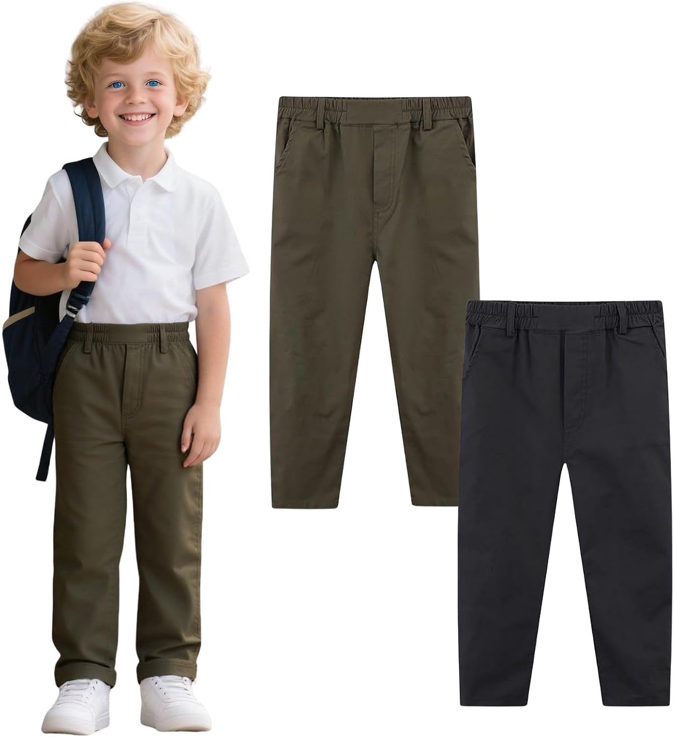 Kids Boy Chino Pants School Uniform Elastic Stretch Khaki Blue Cargo Joggers