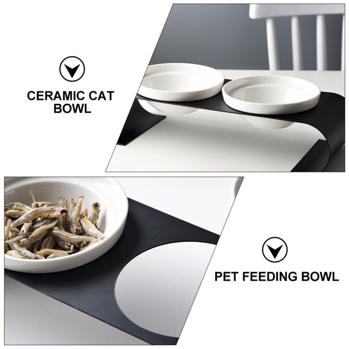 SEWACC Gamelle Surélevé Forgé pour Chat Céramique Support en Fer Robuste, Double Bol Blanc, pour Aliments Secs et Friandises