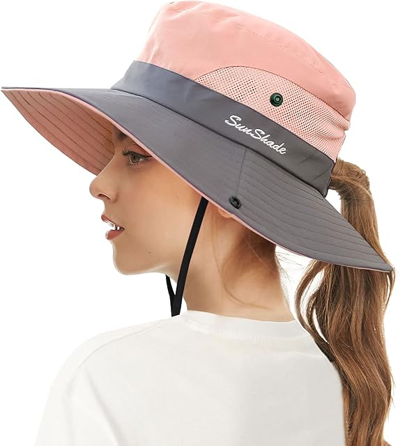 ECOMBOS Womens Sun Hats Wide Brim UV Protection Mesh Foldable Ponytail Bucket Fishing Hat Beach Cap for Fishing Hiking Gardening Outdoor