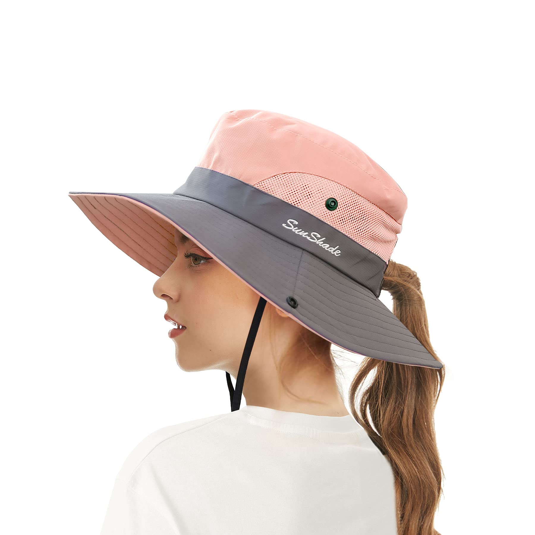 ECOMBOSWomens Sun Hats Wide Brim UV Protection Mesh Foldable Ponytail Bucket Fishing Hat Beach Cap for Fishing Hiking Gardening