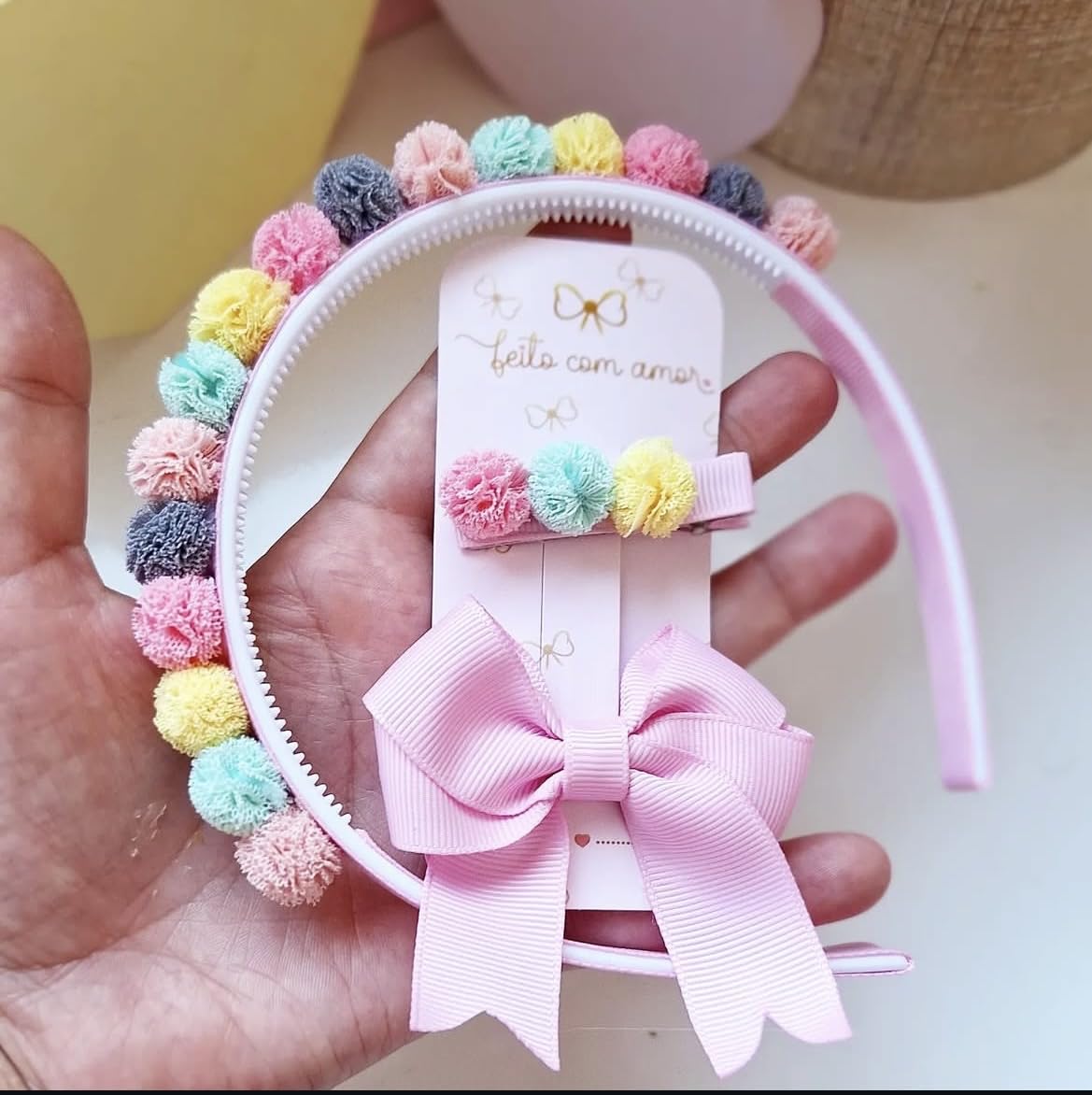 Pastel Rainbow Pom Pom Hair Band with Pink Bow, Girls Hair  display picture 2