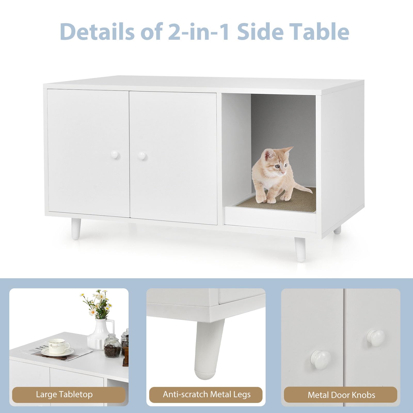 LIFEZEAL Armoire 2 en 1 pour Chat avec Griffoir, Table Basse avec Maison, 2 Portes et Pieds Relevés, Bac à Litière, Niche, Marron (Blanc)