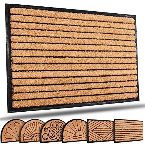 ZENQA Heavy Duty Coir Door Mat Outdoor Indoor | Weather Resistant Rubber Coir Mat 100% Natural Coir | Front Door Entrance Doormat Scraper Mats Non Slip | Large Dirt Trapper (Stripe, 60 x 90 cm)
