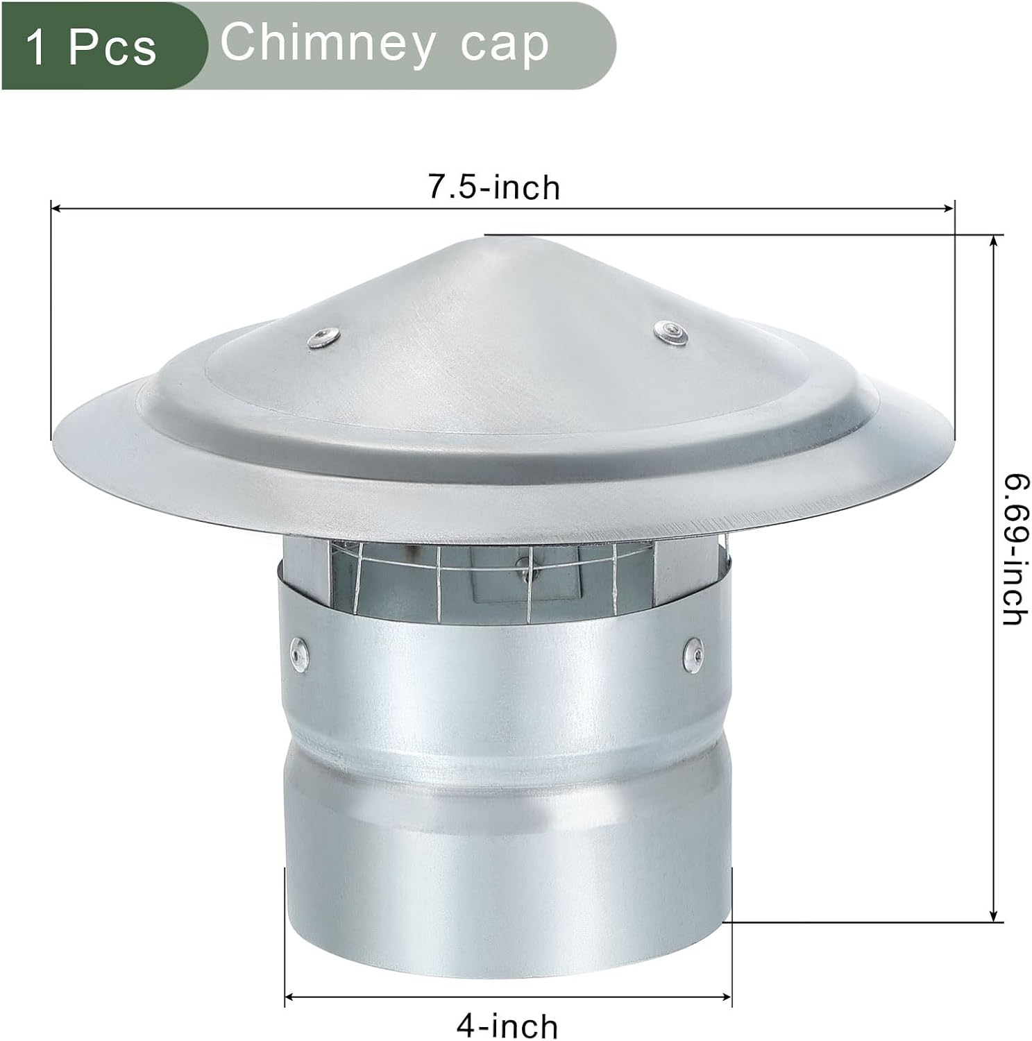 YOKIVE 1 Pcs 4-Inch Round Chimney Cap, Galvanized Iron Cone Top Chimney Cap with Screen | Stove Pipe Cap Stovepipe Finial Great for Outside Vent Flue Roof (L 6.69In)