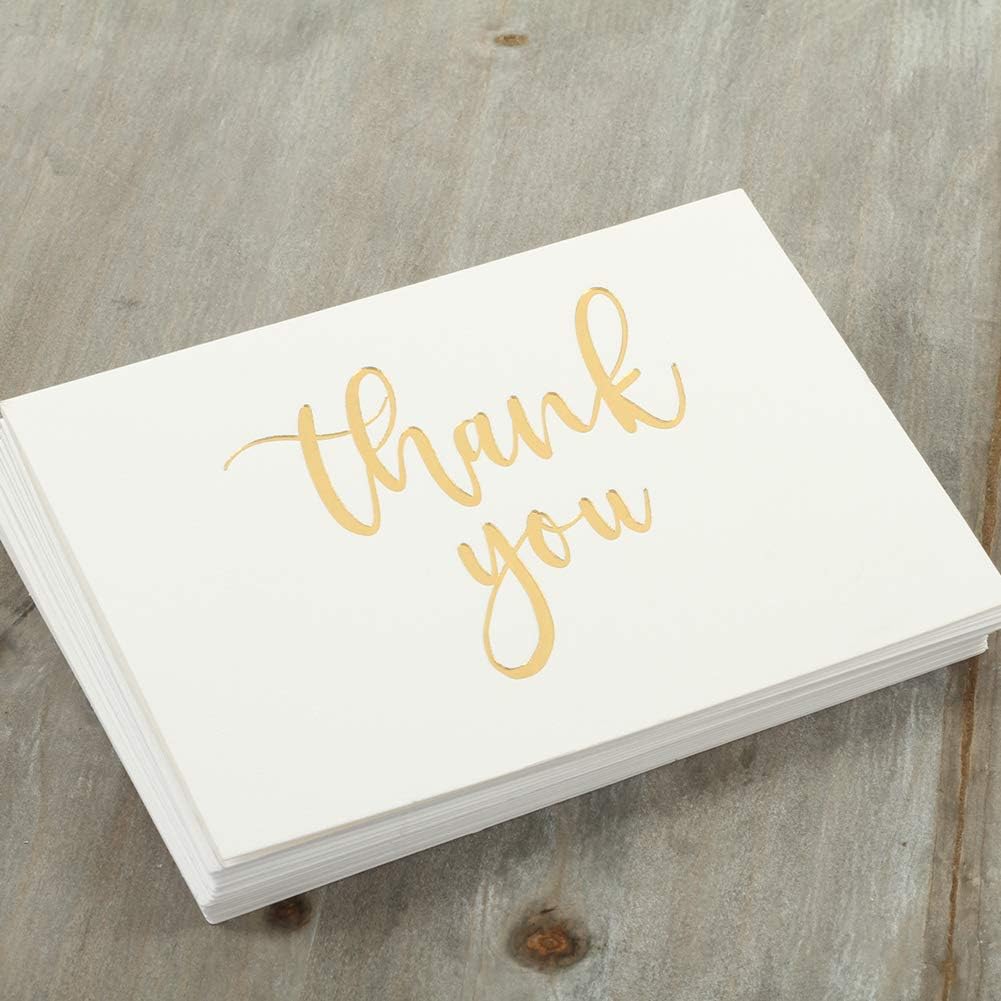 Andaz Press Gold Foil Letterpress Thank You Cards with Self Seal Envelopes, Bulk 50-Pack Note Cards, Embossed Letter Press Folded Calligraphy Thank You Message Stationary Cards for Baby Shower