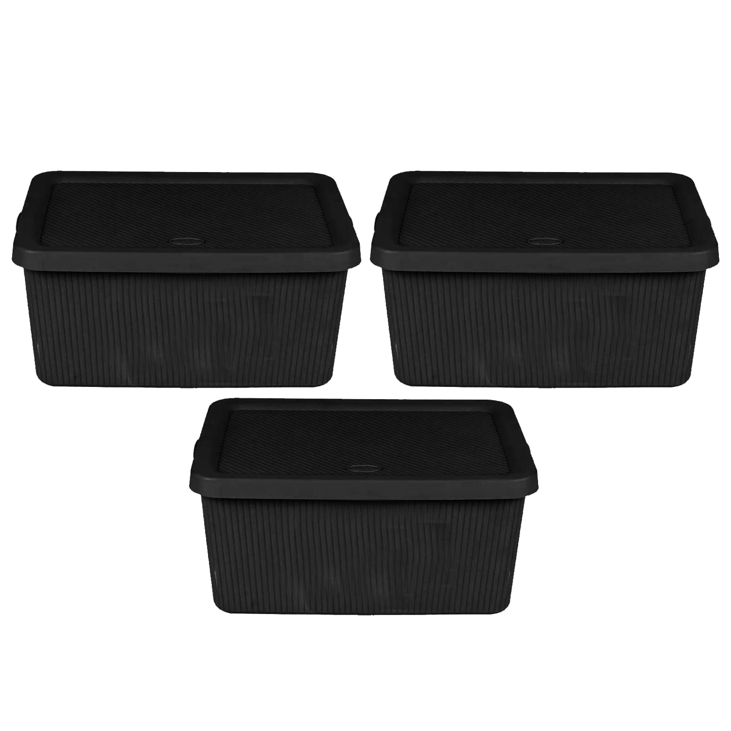 Set of 3 Small 7L Plastic Knitted Storage Basket with Lid, Stackable Organiser Lidded Bin Box for Nursery, Kids, Closet, Shelf and Bathroom Storage (Black)