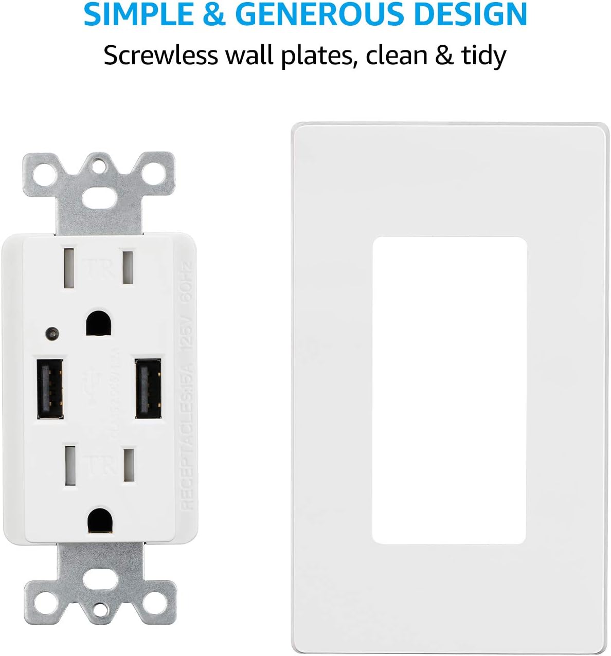 TORCHSTAR 4.2A USB Wall Outlet Fast Charge, 15A Tamper-Resistant Receptacles Socket USB Outlets, UL-listed Dual High, Speed Charger USB Electrical Outlets, Wall Plate Included, White, Pack of 6