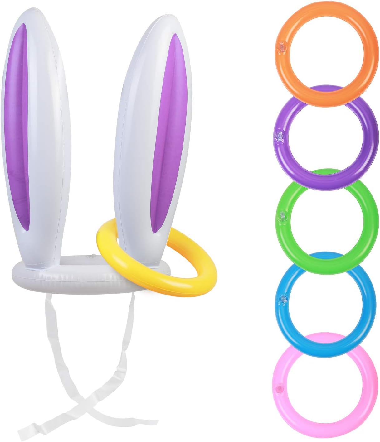 Inflatable Bunny Ear Ring, ZERHOK Easter Rabbit Ears Hat with 6pcs Rings Toss Game for Kids Adults Easter Indoor Outdoor Game Party Favors Toys Gifts