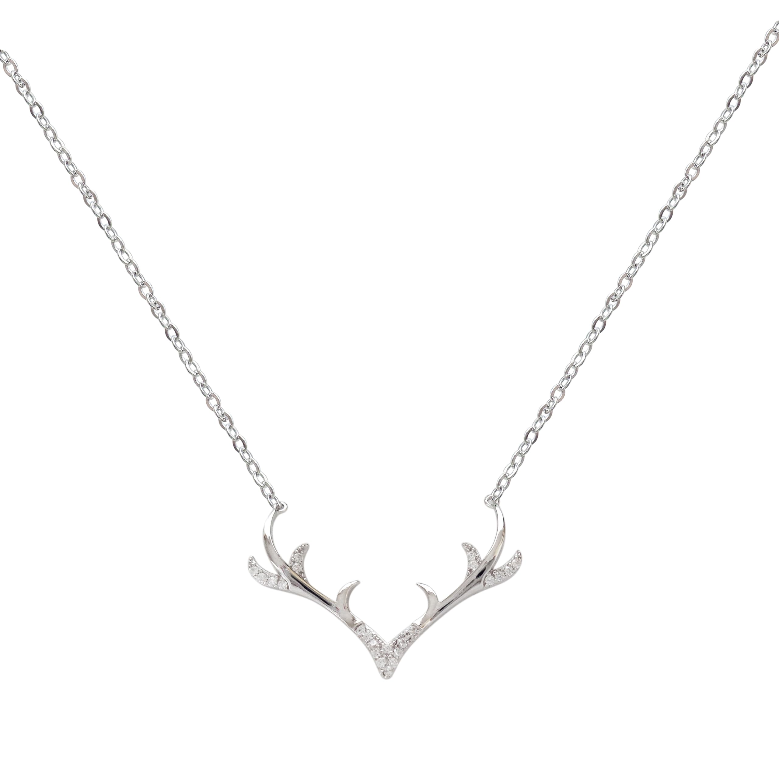 Hiqmic 925 Sterling Silver White Gold Plated Fashion Deer Antlers Necklace Pendant 15"-17", WK99007