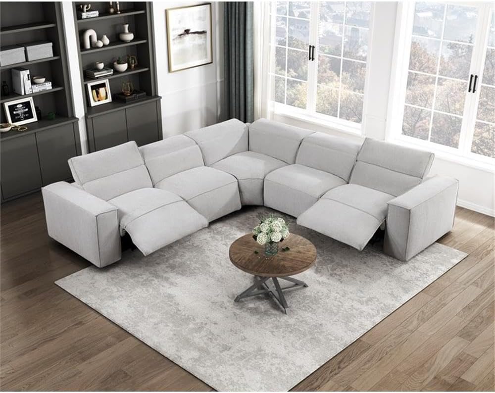 Pemberly Row Microfiber 5-Piece Modular Power Reclining Sectional, Light Gray Upholstery, 3 Power Recliners with Headrests, USB Ports, Zero-Wall Design, Down Blend Topper, Customizable Living Room