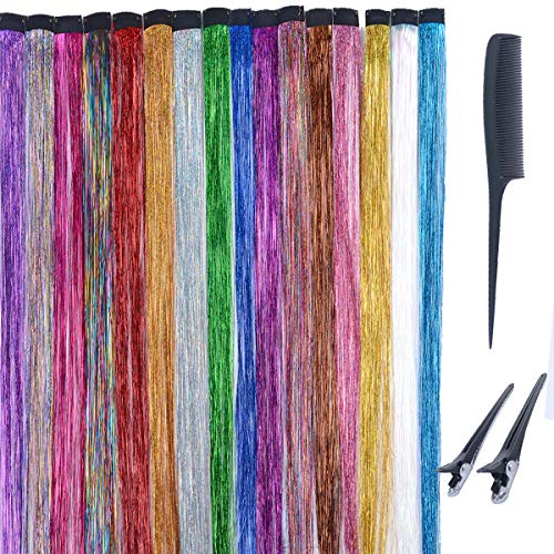 16Pcs Hair Tinsel strands clip in on Sparkling Tinsel Hair Extension Holographic 16 Colors with Hair Clip and Comb Kit