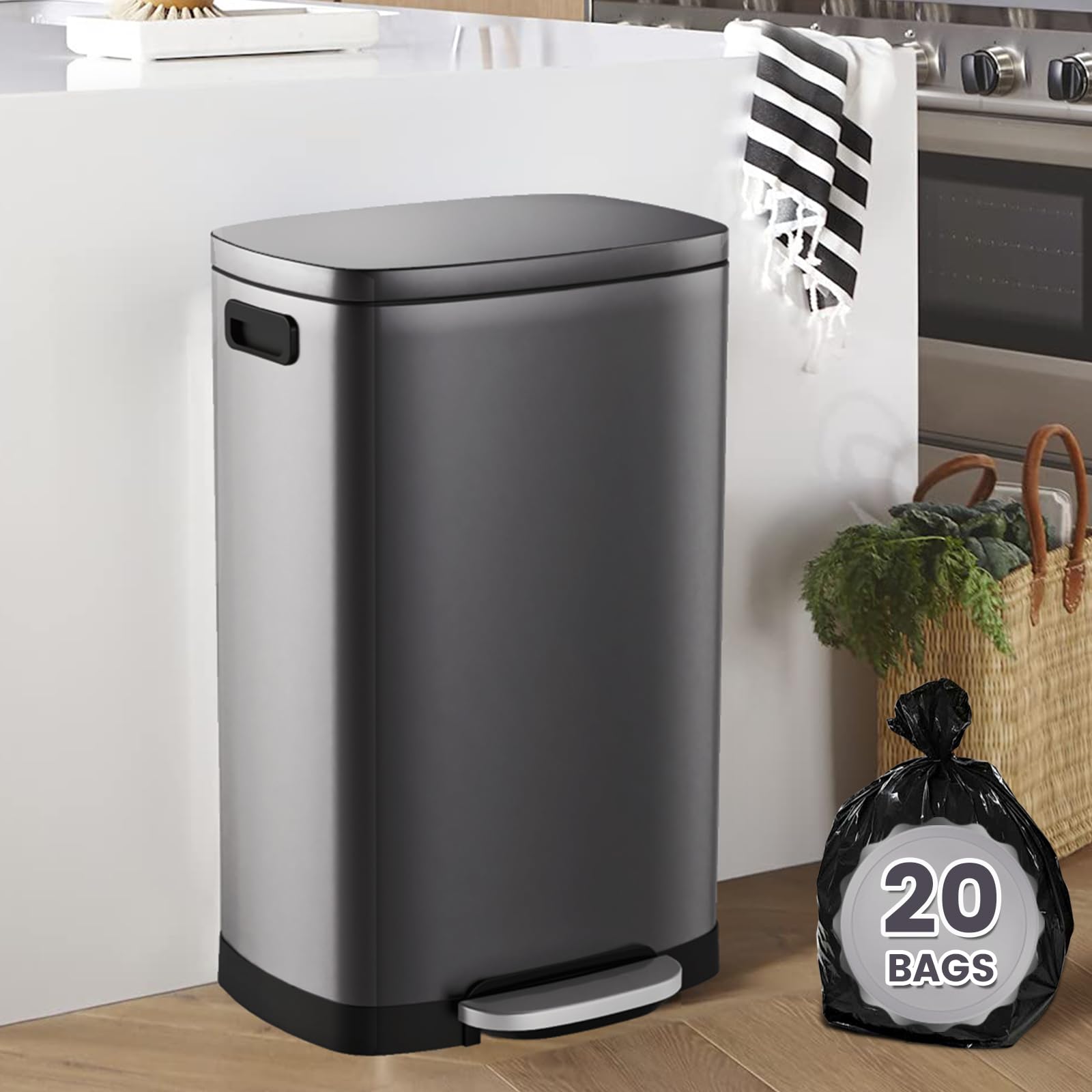 SYNCVIBE 13 Gallon Trash Can with Lid, 50L Stainless Steel Soft Close Lid Rubbish Bin with Removable Inner Bucket, Pedal Garbage Can for Home Office,