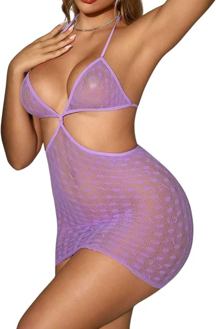Women's Light Purple Fishnet Dress - Extreme Side & Back Cut-Out Bodysuit, Sexy Open Lingerie (One Size)