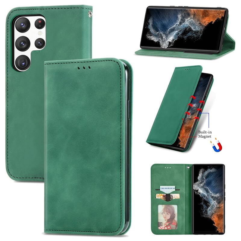 Étui antichoc Samsung S25 Ultra vert : oubliez les rayures grâce au rabat portefeuille cuir