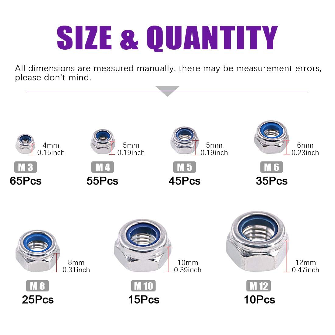 TA-VIGOR 250Pcs Nylon Hex Lock Nuts Assortment Kit, M3 M4 M5 M6 M8 M10 M12 Stainless Steel Nylon Insert Self-locking Nuts - Image 2