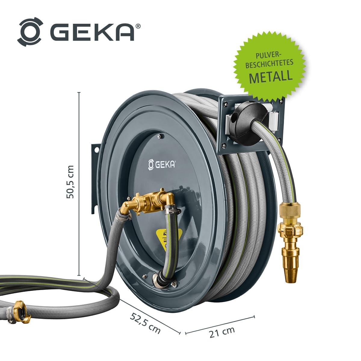 GEKA plus Automatischer Schlauchaufroller PA20SK (robuster Schlauchaufroller, Stahlkonstruktion, autom. Rückzug, schrittweise Arretierung, mit Schlauch 20 m)