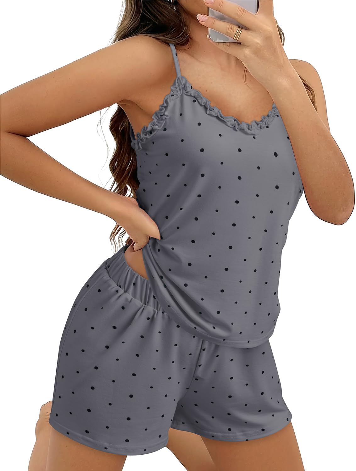 JUSTFASHIONNOW Womens Pajama Sets Shorts Cute Tank Top Short Set Ruffle Polka Dot Pj 2 Piece Summer V Neck Lingerie Sleepwear - Image 4