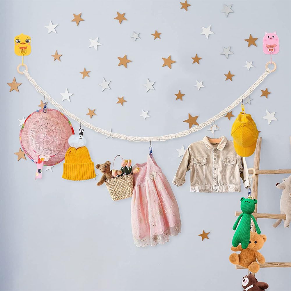 Kuscheltier Aufbewahrung, 2M Handgeflochtenes Seil mit 18 bunten, großen, nicht scharfkantigen Clips, Bohemian-Stil, Seil für Schlafzimmer, Kinderzimmer, Dekoration, Stofftier Aufbewahrung