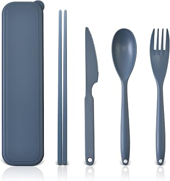 Large Reusable Travel Utensils Set with Case, Plastic Set for Adults Travel Picnic Camping, Portable Flatware Cutlery Set with Chopsticks for Daily UseDark Blue
