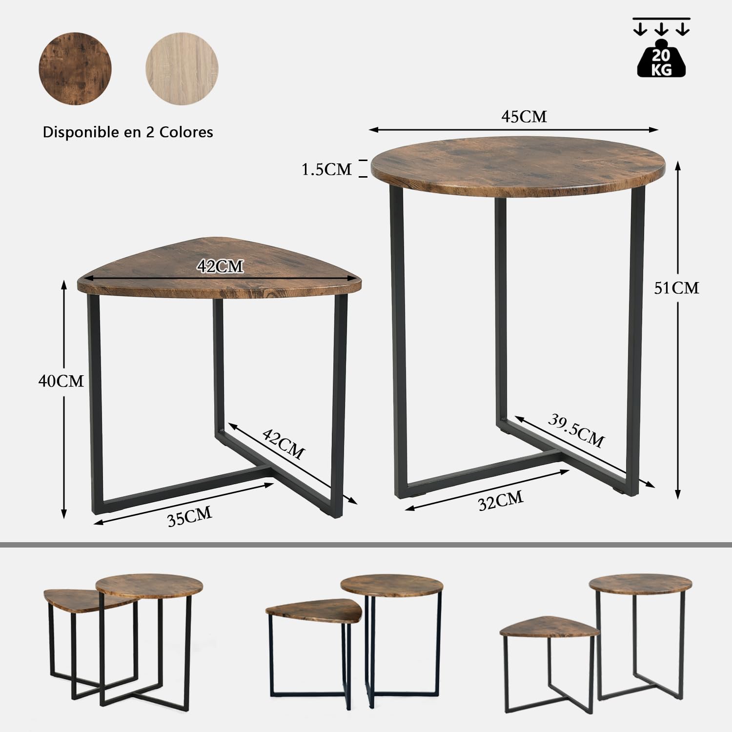 MEUBLE Cosy Juego de 2 Mesas de Café Auxiliares para Sala de Estar, Mesita Nido en Madera de Ingeniería y Metal, Estilo Industrial, Marrón