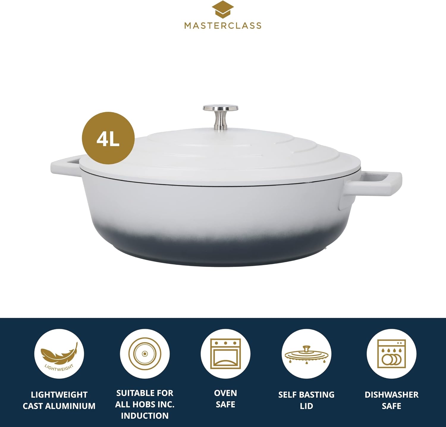 MasterClass MCMSCRD28GRY Shallow Casserole Dish with Lid, Lightweight Cast Aluminium, Induction Hob and Oven Safe, Ombre Grey, 4 Litre/28 cm