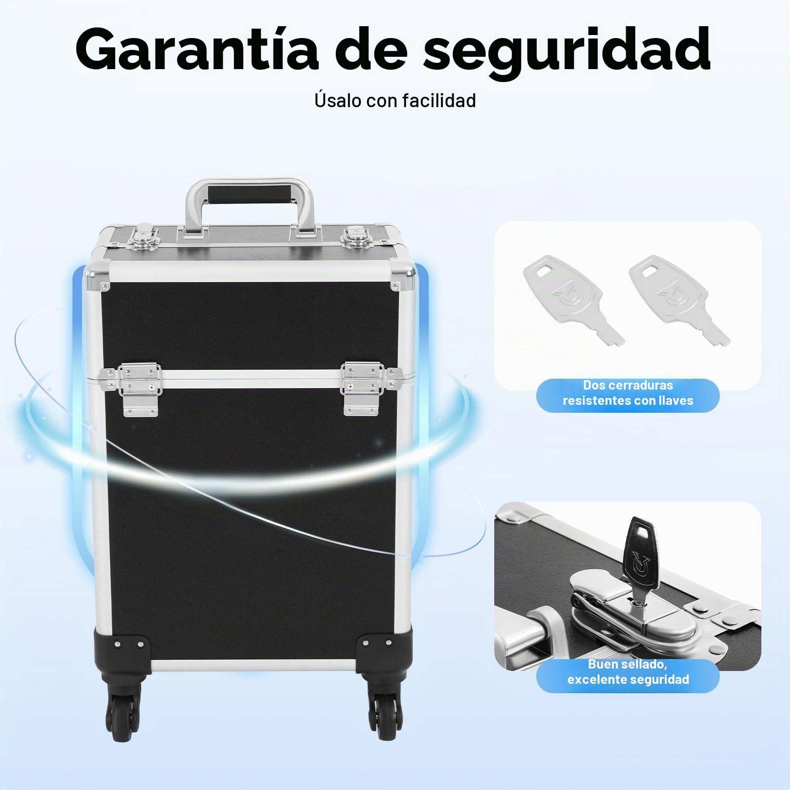 Maleta de maquillaje con ruedas de aluminio, compartimento para candado de 2 llaves, Trolley Beaute 4 cajones Extensibles para esteticista, peluquería manicura, maletín profesional almacenamiento
