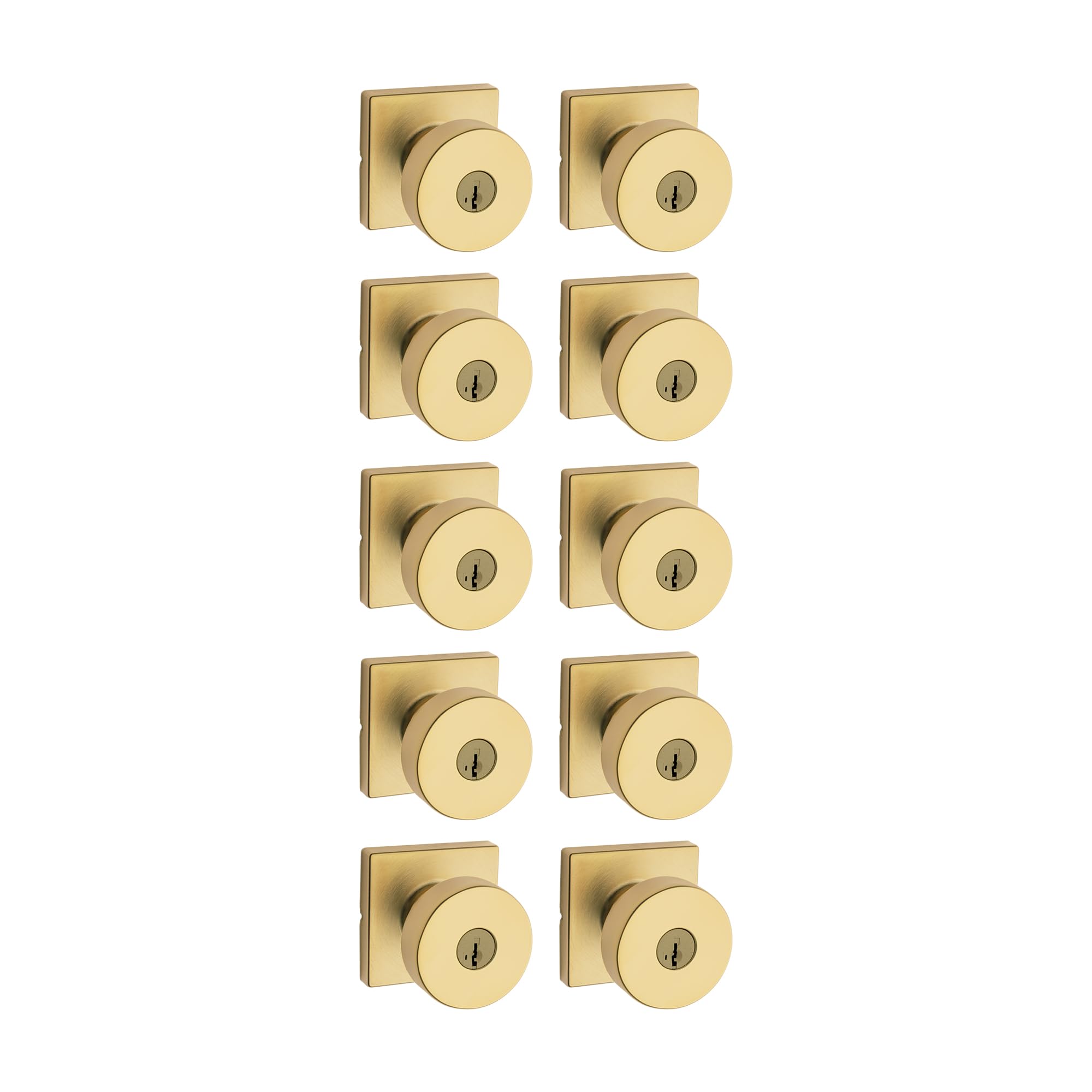 Kwikset Pismo Entry Door Knob with Lock and Key, Secure Keyed Handle Exterior, Front Entrance and Bedroom, Satin Brass, 10 Pack, Pick Resistant SmartKey Rekey Security