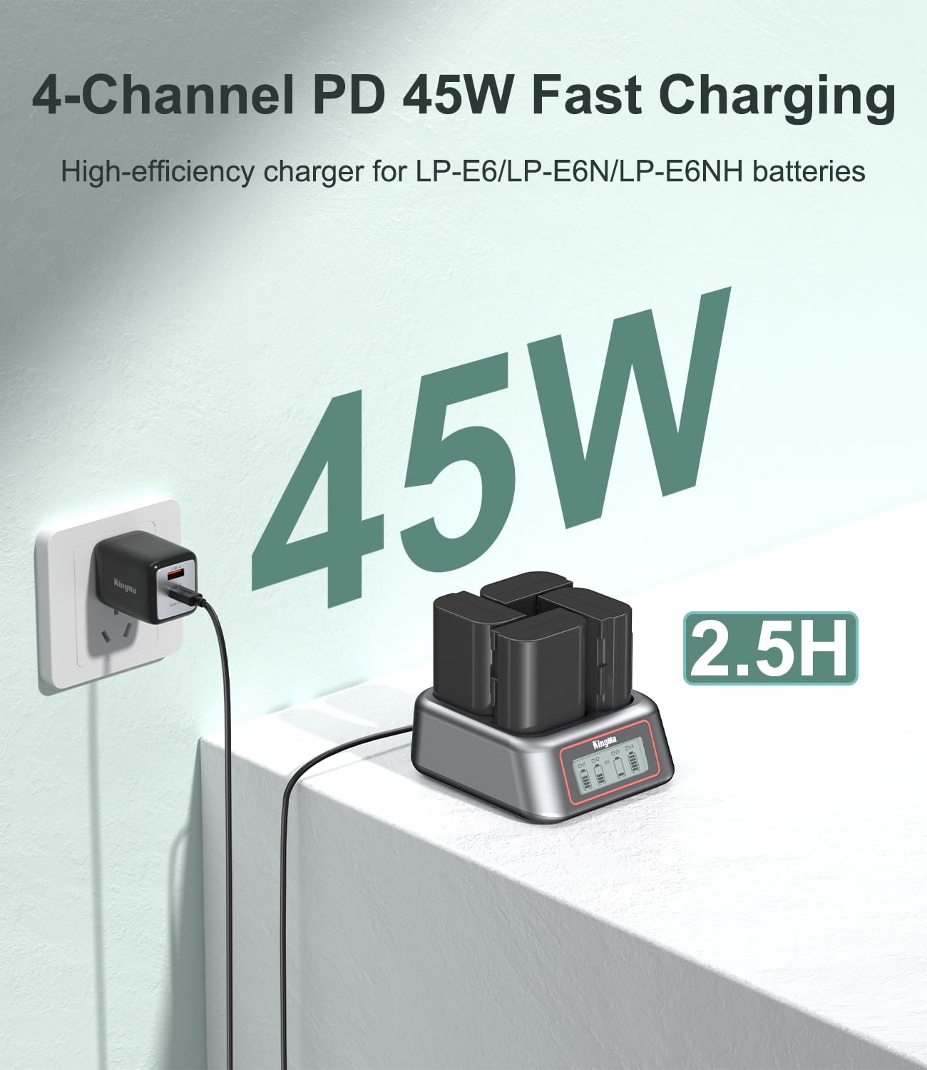Ładowarka do aparatu King Ma LP-E6, 4-kanałowa ładowarka do LP-E6/LP-E6N/LP-E6NH 45 W PD szybkie ładowanie z wyświetlaczem LED, kompatybilna z Canon EOSR5/R5C/R6/R7/5D Mark II/III/80D
