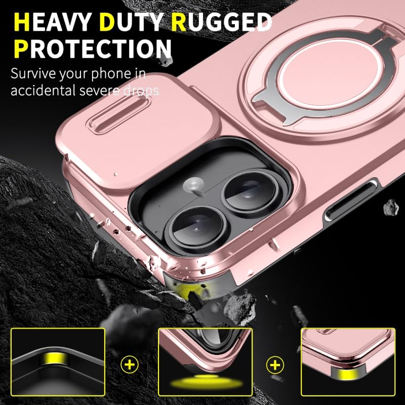 Image of LuxuryKase Shockproof Rugged Case for iPhone 16 Plus | Slide Camera Cover | 360 Rotating Ring Kickstand | Military-Grade Protection - Rose Pink