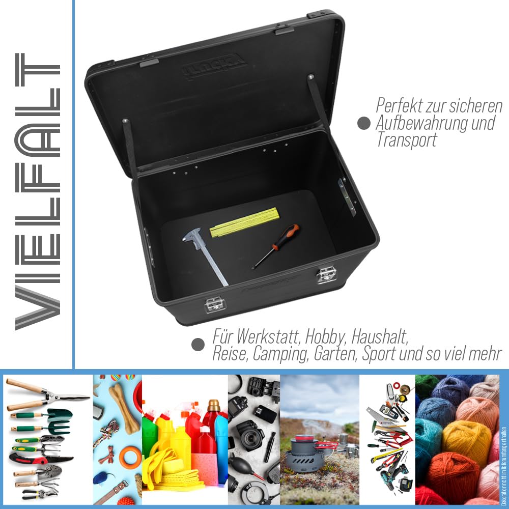 Trucky Scatola in alluminio con coperchio, colore nero, in alluminio, per il trasporto, in metallo, richiudibile, dimensioni: 75 l