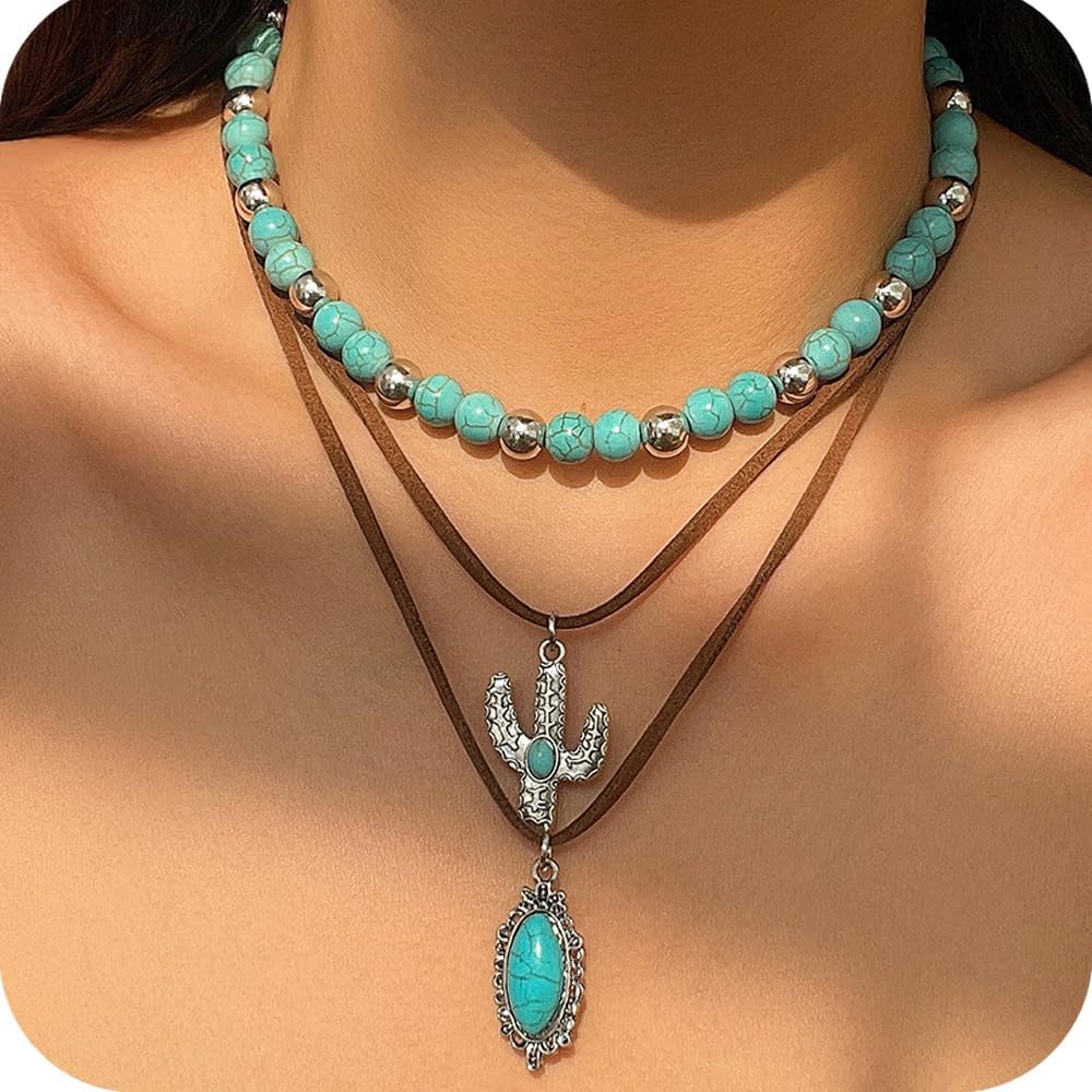Fuqimanman2020 Boho Layered Western Necklaces for Women Cowgirl Cactus Turquoise Beaded Ox-head Hat Pendant Country Concert Jewelry - Image 3