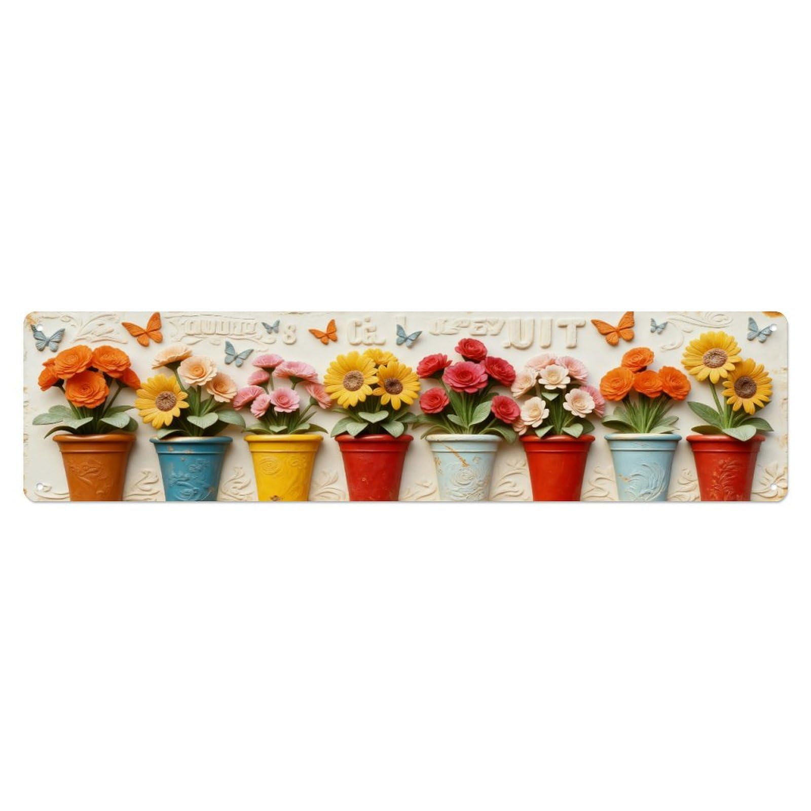 Colorful Flower Pots With Butterflies Metal Tin Sign Plaque