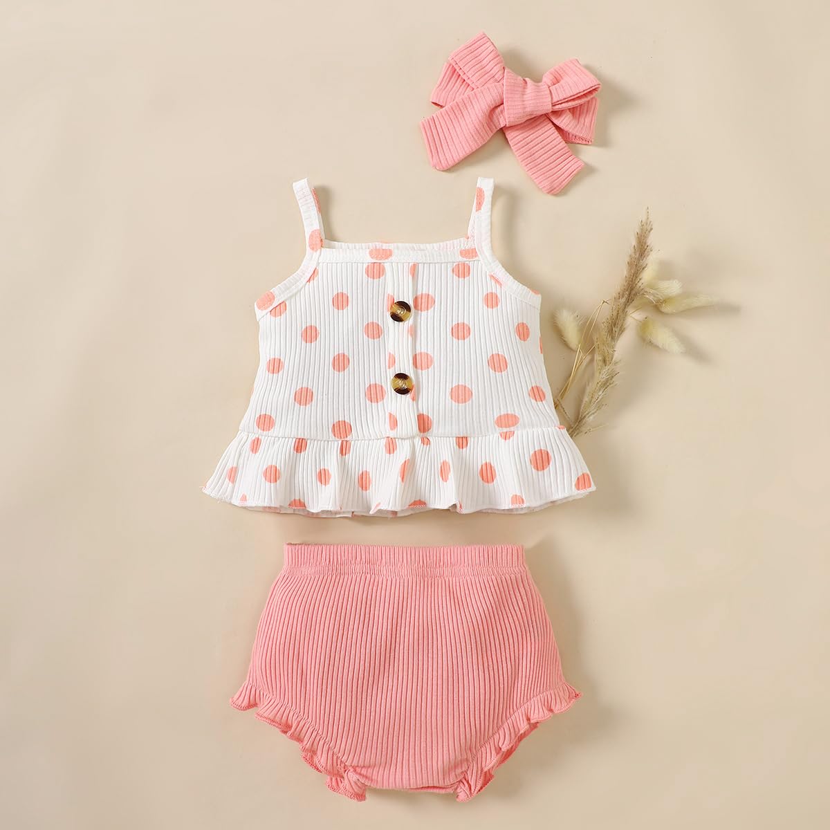 Conjunto de 3 piezas de ropa de verano para bebé niña con lunares, camiseta con volantes, pantalones cortos y diadema