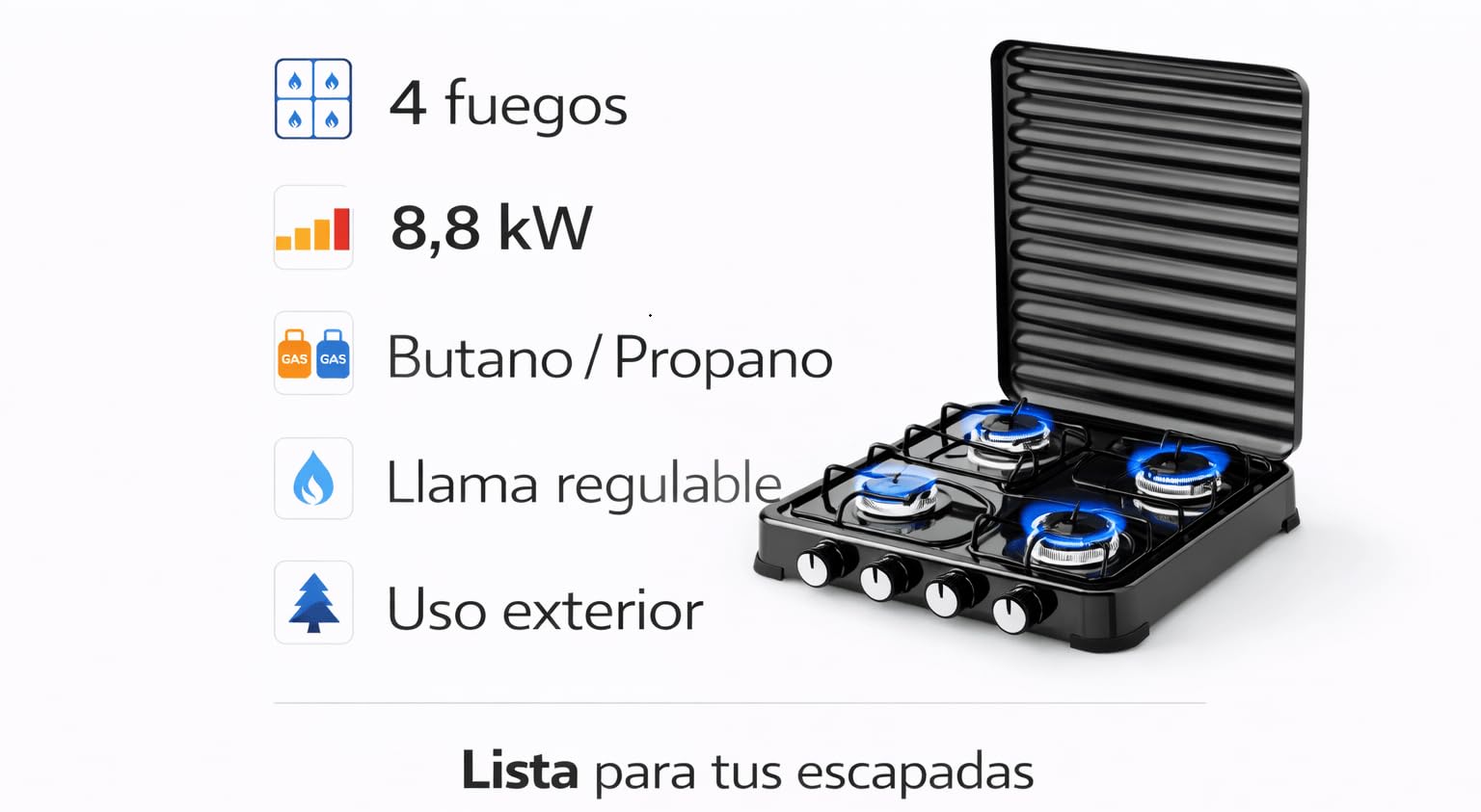 Fornello a gas portatile 4 fuochi (4 bruciatori) 8,8 kW · Fornello da campeggio esterno · Per butano e propano · Coperchio apribile · Fiamma regolabile (4 fuochi)