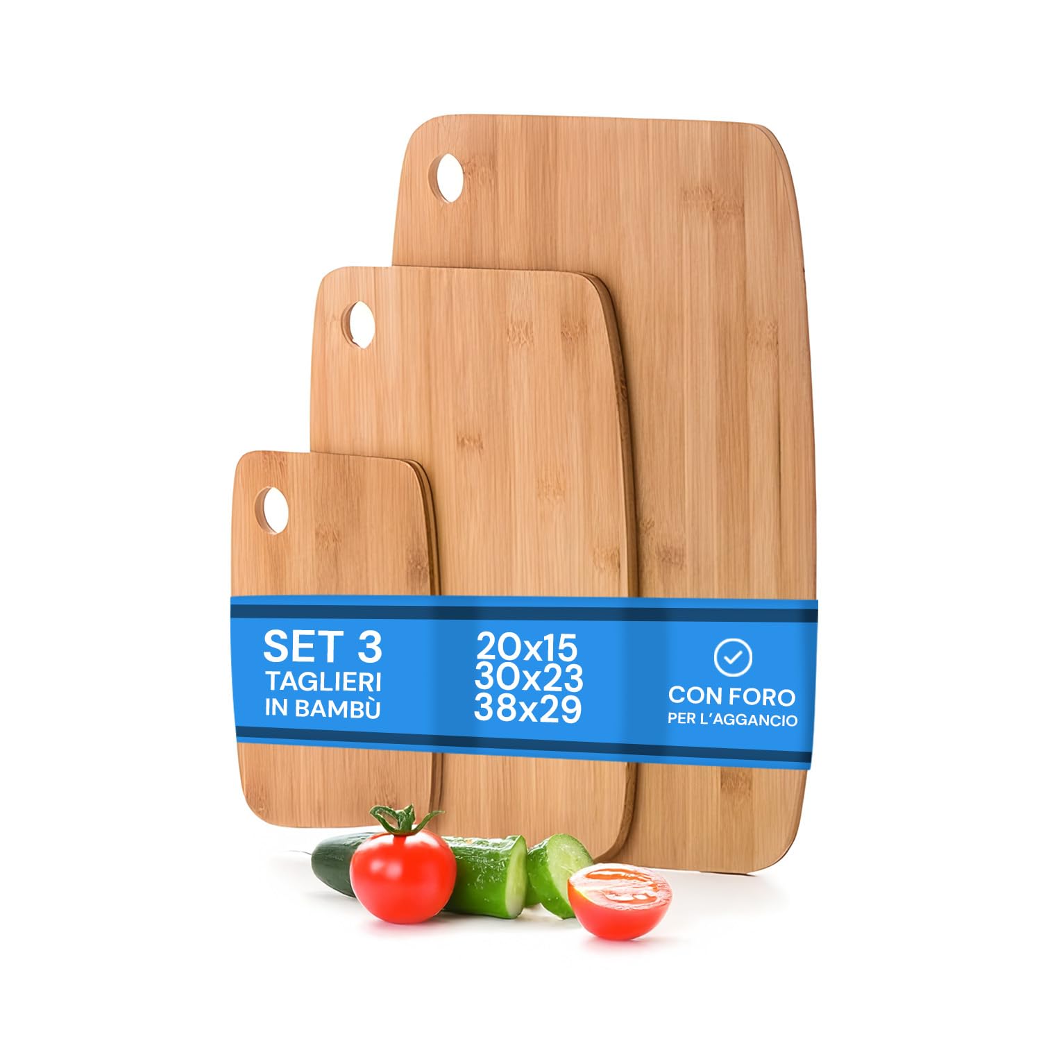 Avilia Set di 3 Taglieri in Bambù con Foro per Aggancio - Funzionali, Resistenti e con Design Naturale - Superficie Liscia Capace di Resistere agli Odori e Facile da Pulire - Ideali anche come Vassoi