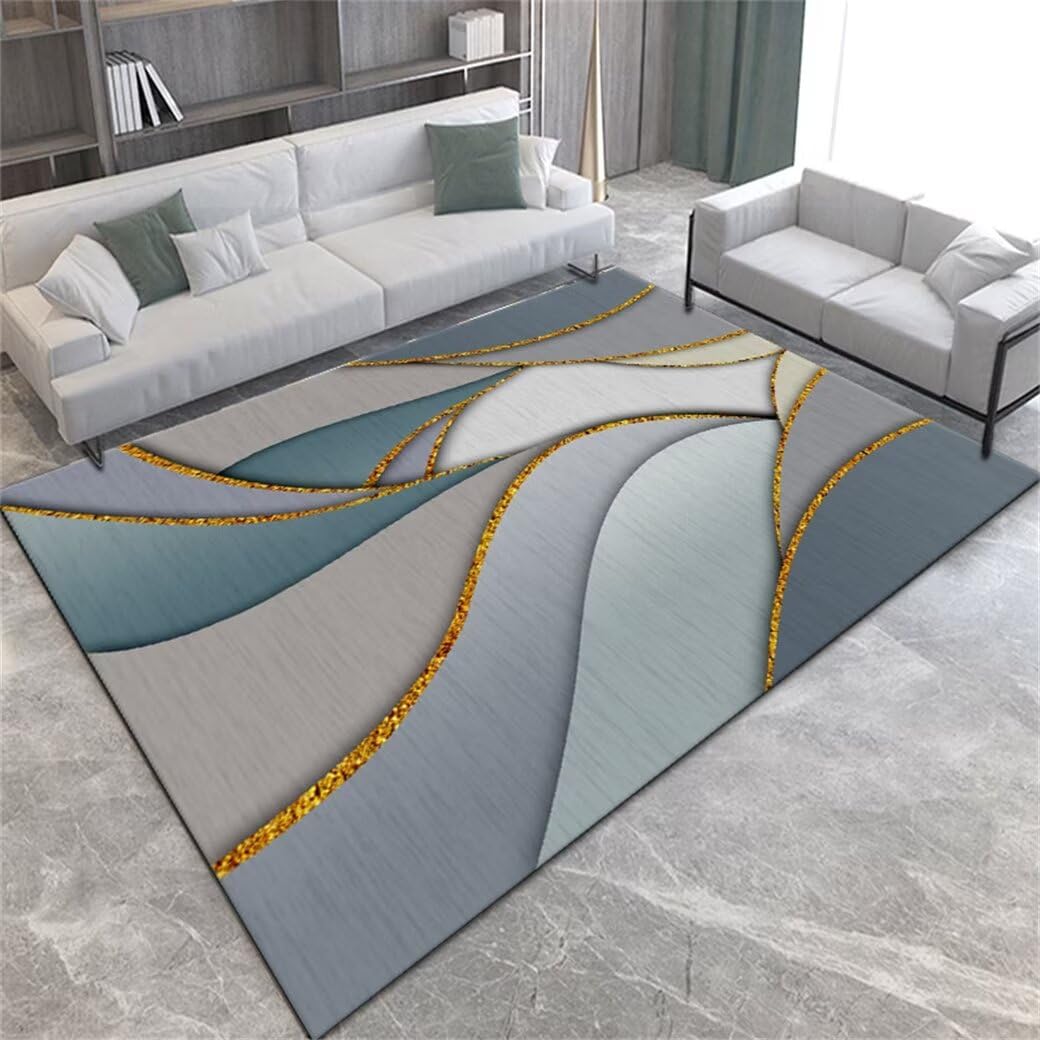 Tapis de salon unicolore 160x210cm aux finitions or et lignes abstraites