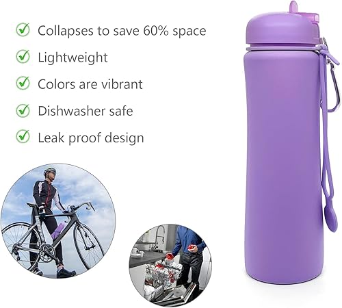 Miniatura 5 de ATENSILS Botellas de agua plegables - Botella de agua grande de viaje de 24 onzas con mosquetón, a prueba de fugas, botella de agua plegable sin