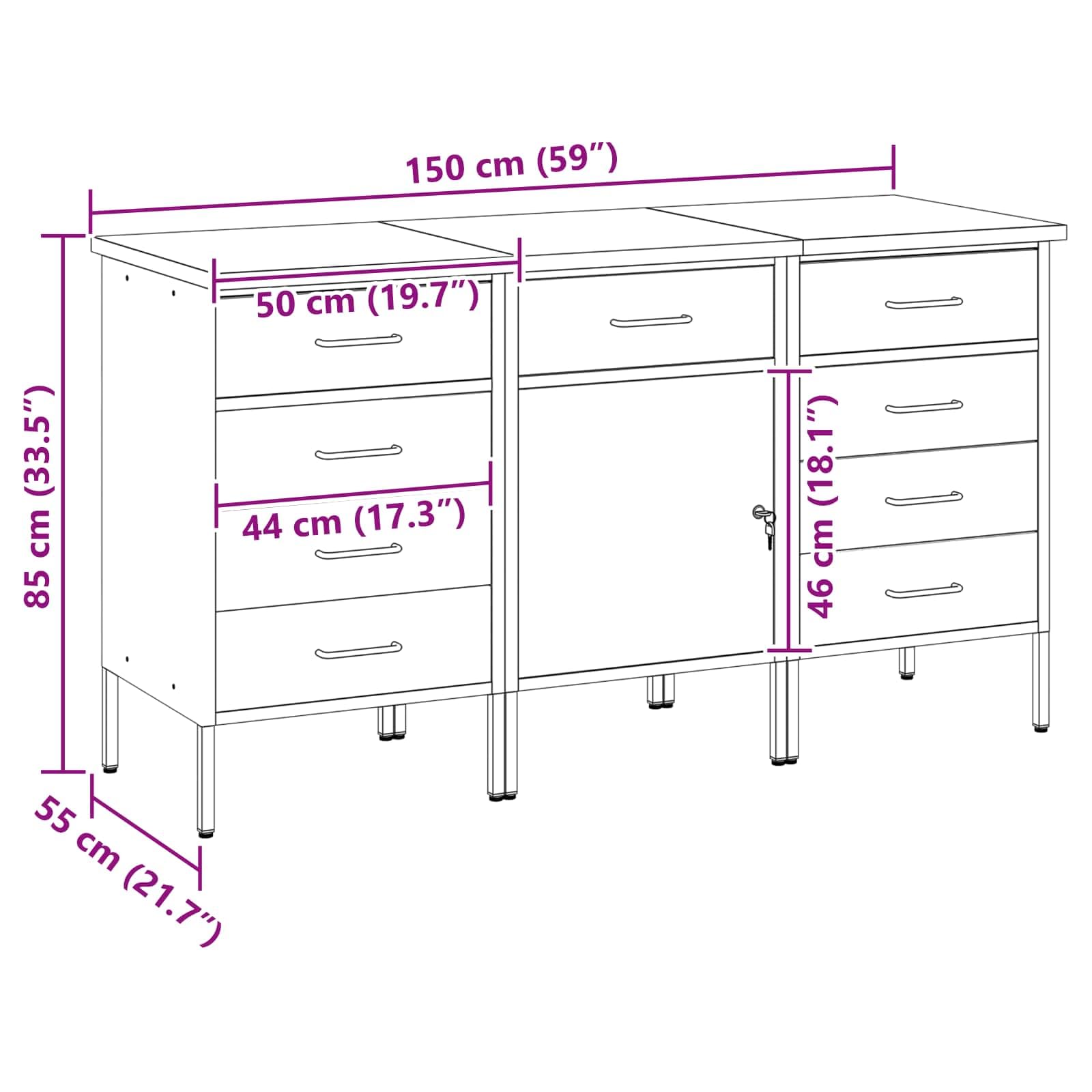 Moderno armadio da officina con cassetti, 3 pezzi, 150 x 55 x 85 cm, banco da lavoro in nero e grigio, robusta struttura in acciaio e legno con scomparti versatili e ripiani per attrezzi