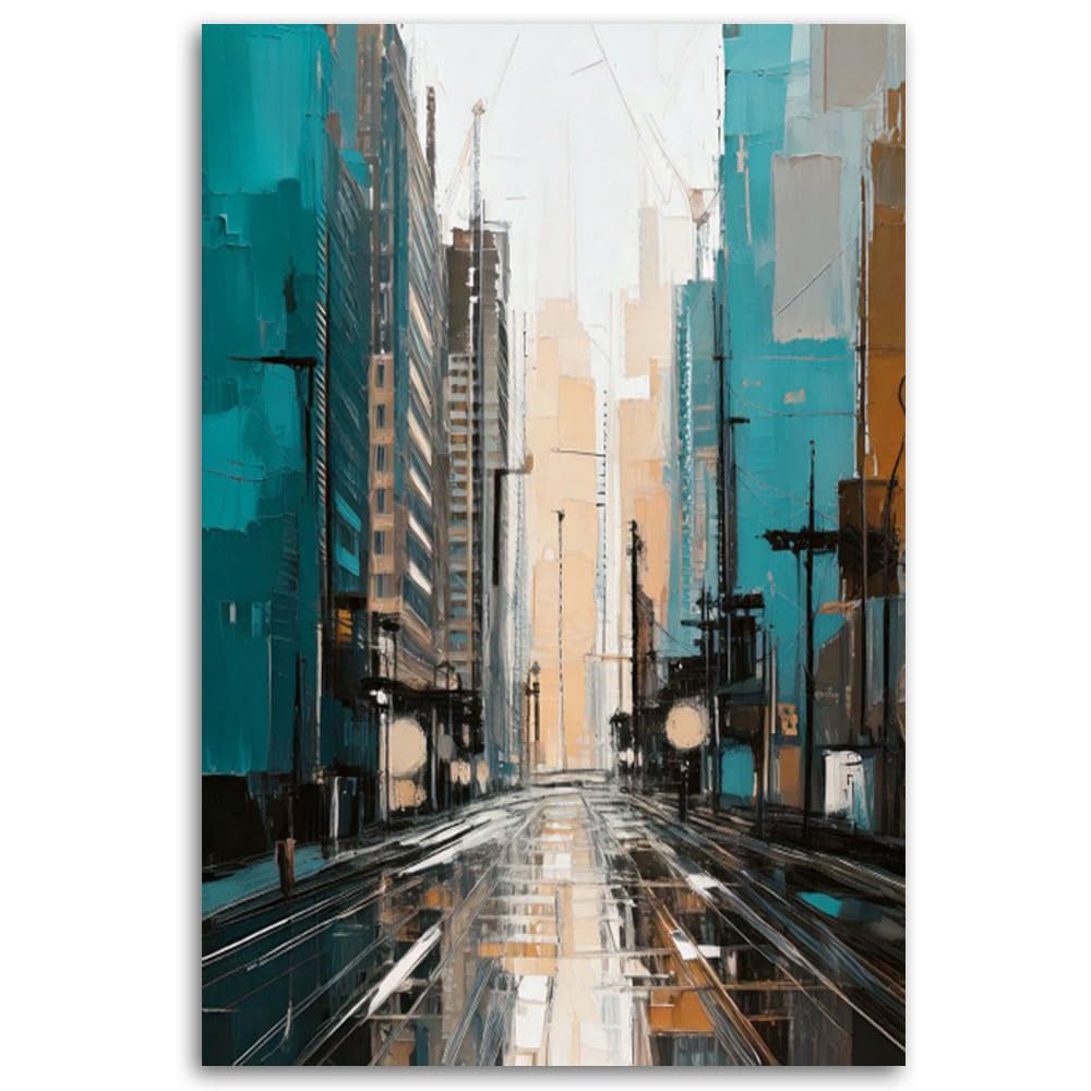 Feeby Cuadro - Cuadros Para Dormitorios - Ciudad Calle Turquesa - 60x90 cm - Decoracion Pared - Para el Dormitorio y la Sala de Estar