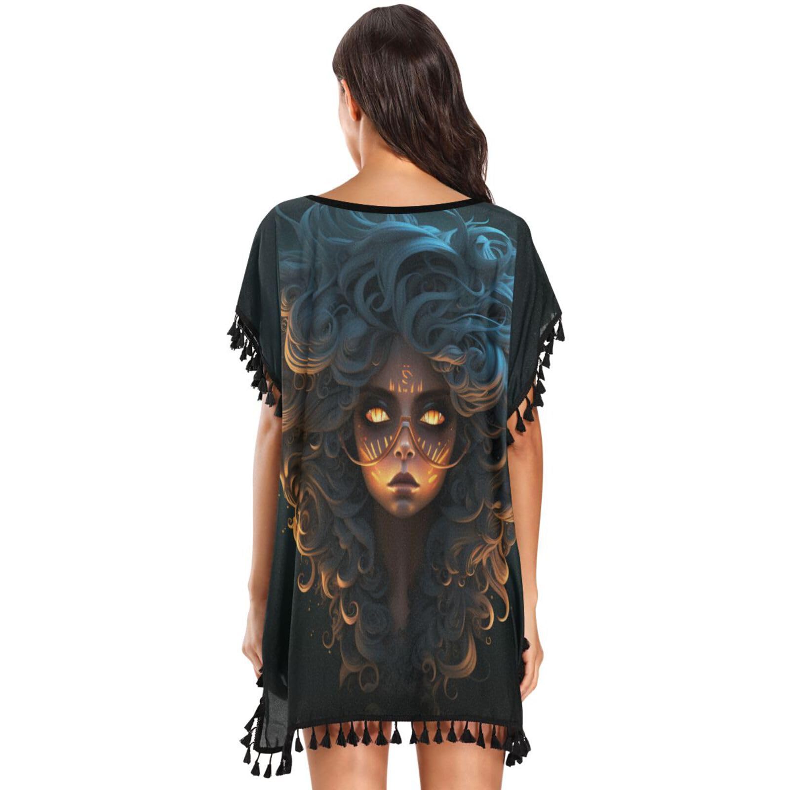 Fire Fox Abstract Art Women's Beach Cover Up Chiffon Tassel Swimwear Swimsuit Coverups for Girl