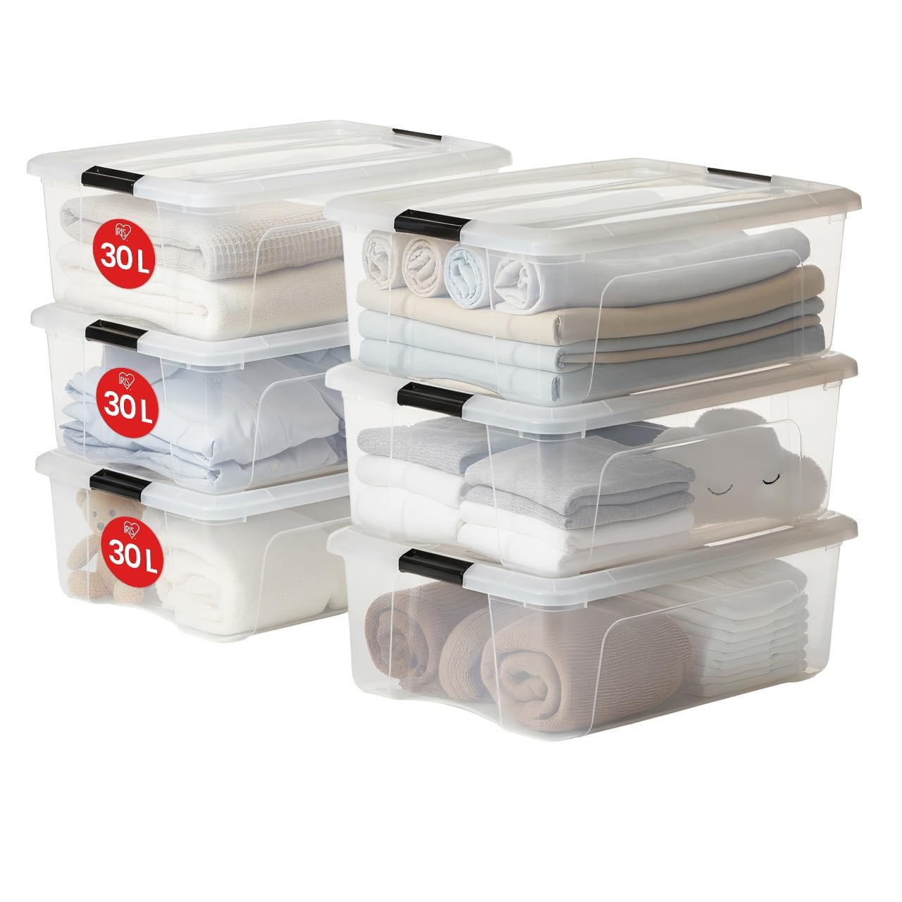 Iris Ohyama, 6er-Set, Aufbewahrungsboxen, 30 L mit Clips, stapelbar, Wohnzimmer, Schlafzimmer, Garage - New Top Box NTB-30 - Transparent
