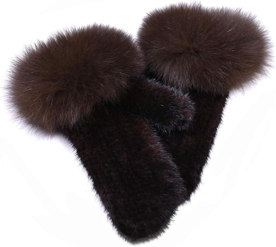 XUYUZUAU Women's Knitted Mink Hair Gloves Winter Warm with Fox Hair Mittens Fluffy Cold Weather