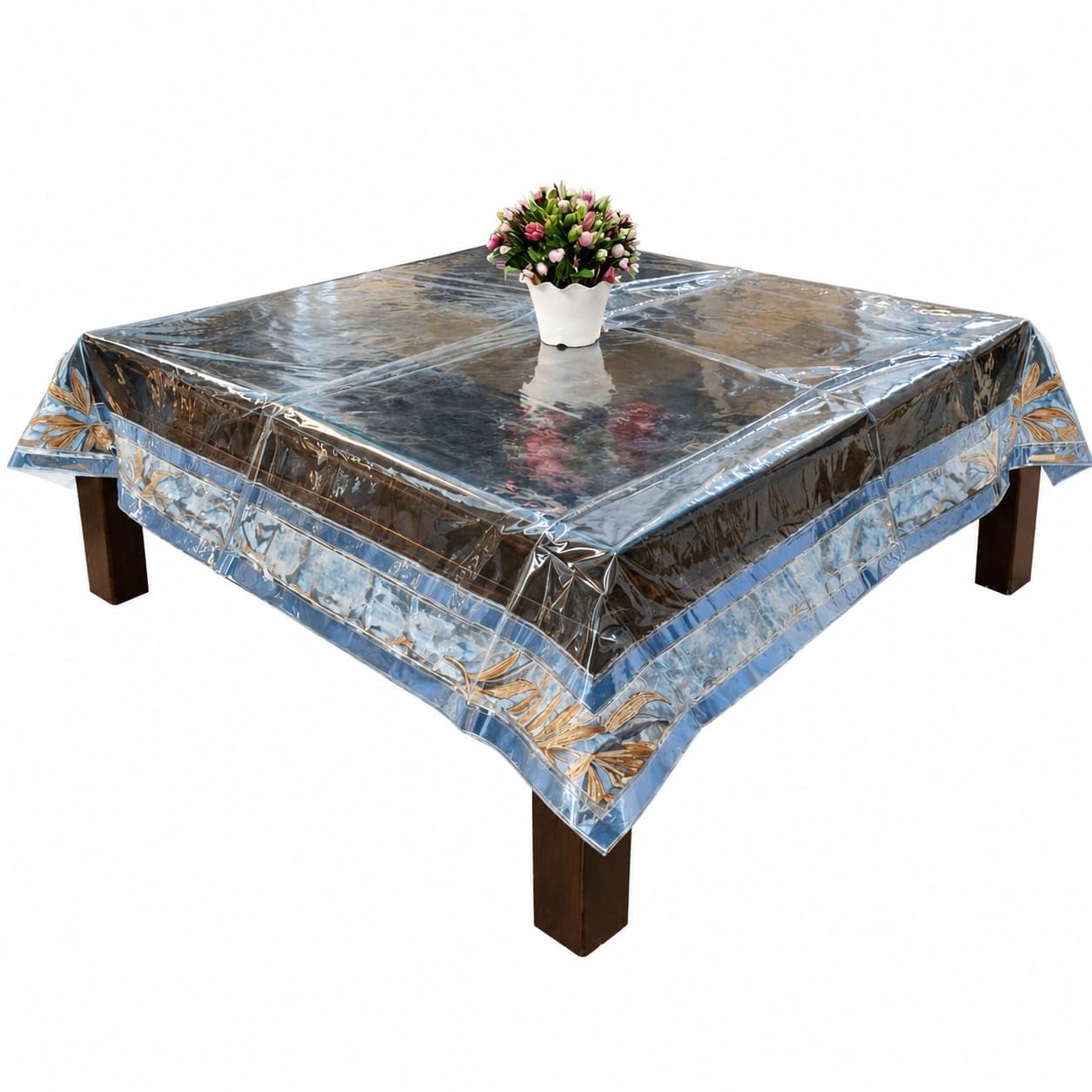 PVC 4 Seater Table Cover with Floral Blue and White Lace (4 Seater, 45x45 inches)-image-9
