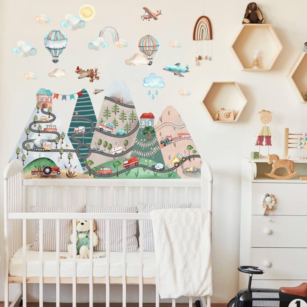 INSPIO Vinilos decorativos para niños - Colinas con coches y globos