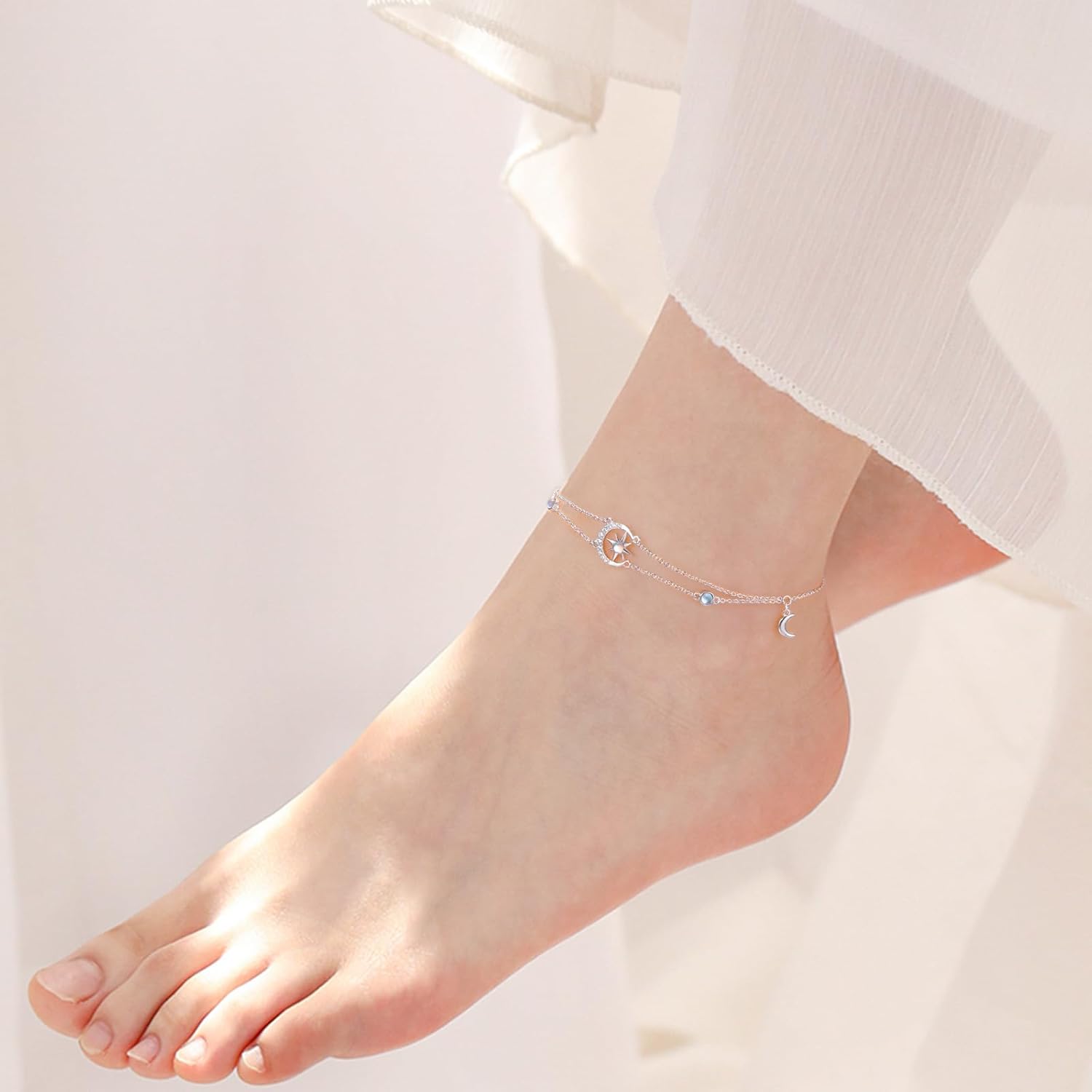 Anklets for Women 925 Sterling Silver Moon Star Adjustable Foot Anklet Moonstone Boho Summer Beach Double Layer Anklets Bracelet Jewelry for Women Birthday Holiday Christmas - Image 5