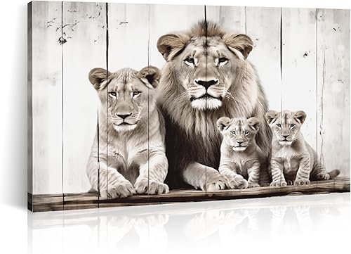LYUNSHUO Lienzo decorativo de animales para pared, diseño de león, familia de cuatro retratos, impresiones abstractas de fondo de madera marrón,